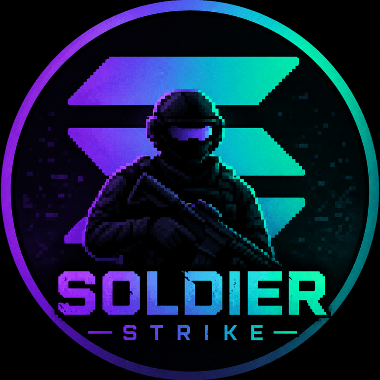 Soldier Strike emblem — a pixel-art soldier over the Solana insignia